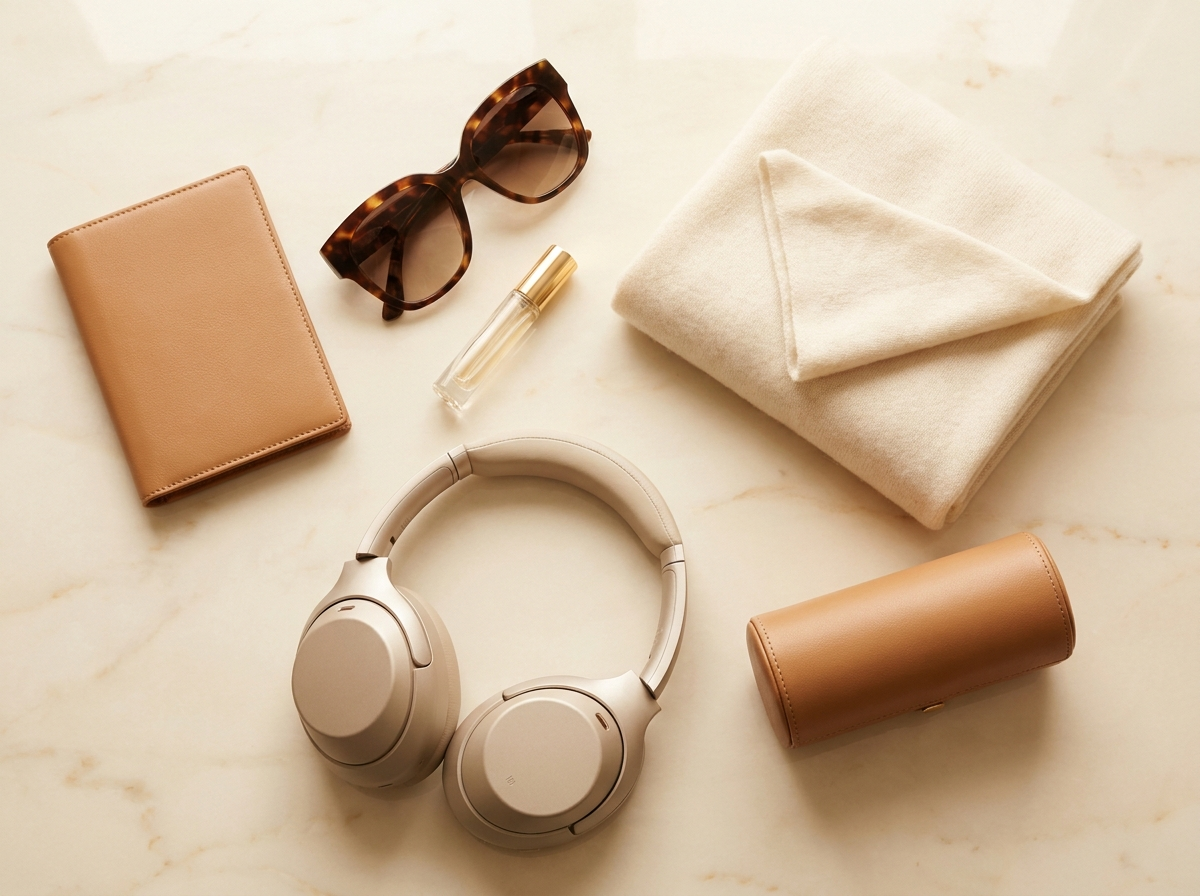 Luxury travel essentials flatlay